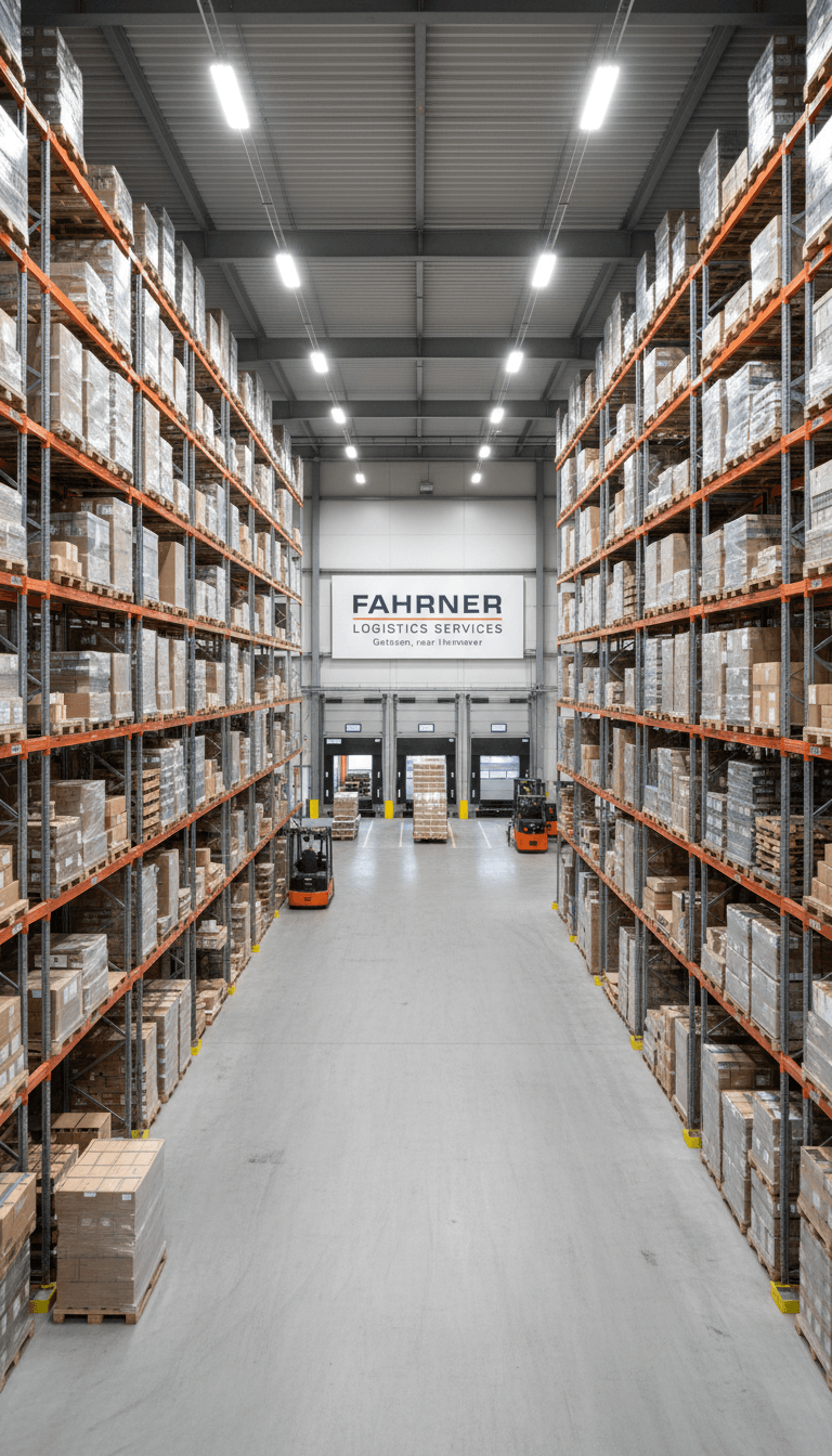 Modern high-bay warehouse with pallet racks in Fahrner Logistics facility