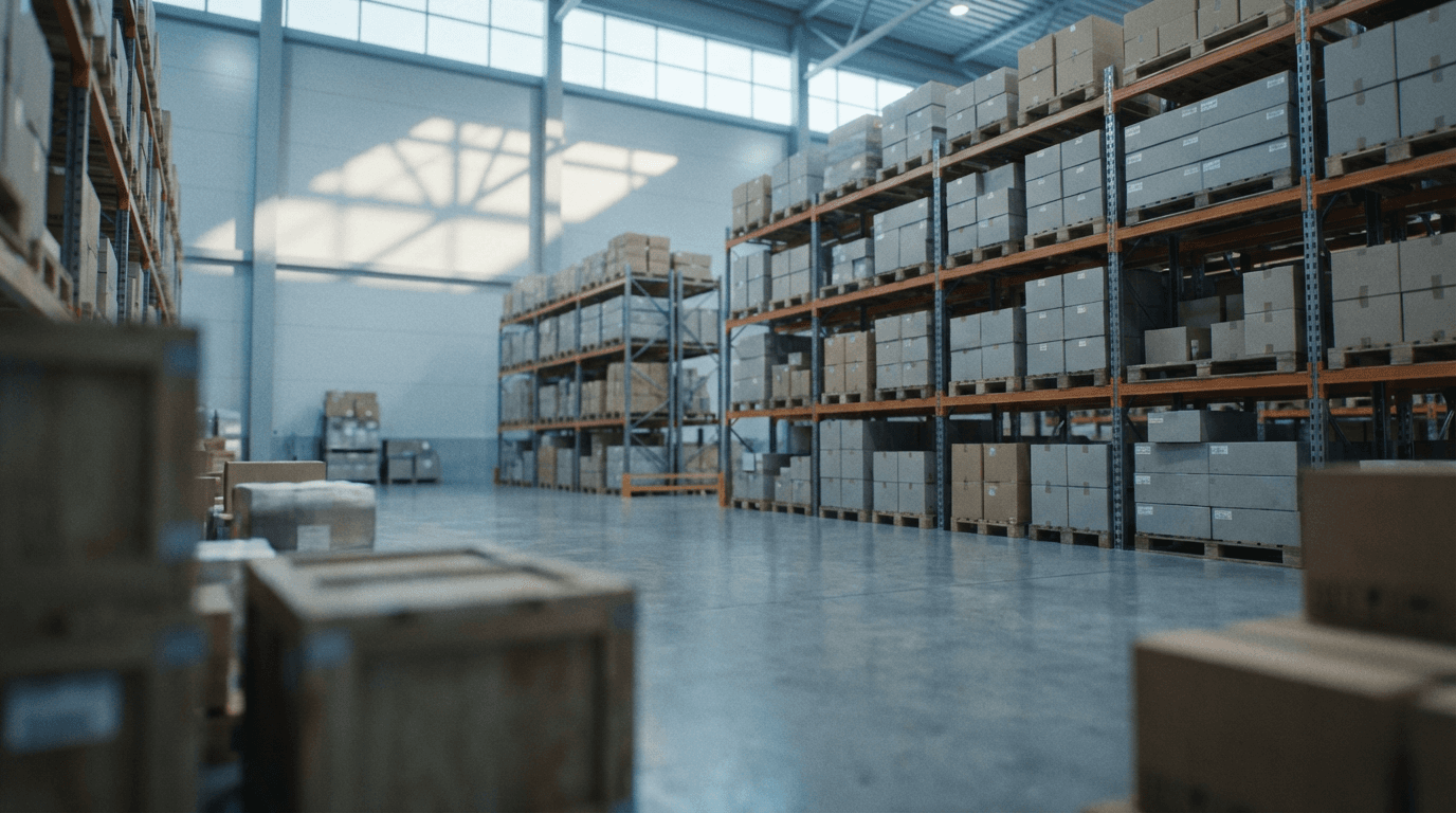 Modernes Logistik-Lagerzentrum mit Hochregallager und Ladetoren in professioneller Beleuchtung