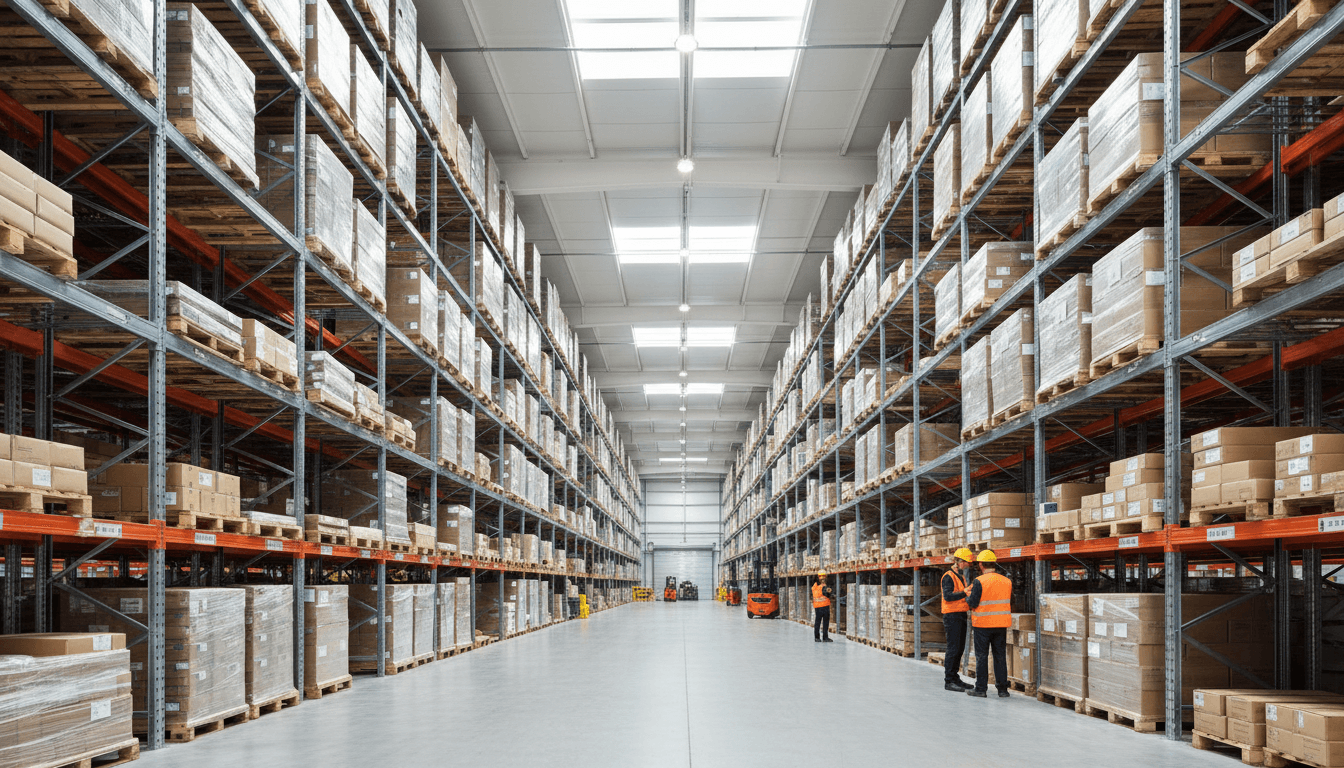 Modernes Logistiklager mit Hochregalanlage und Ladebereich